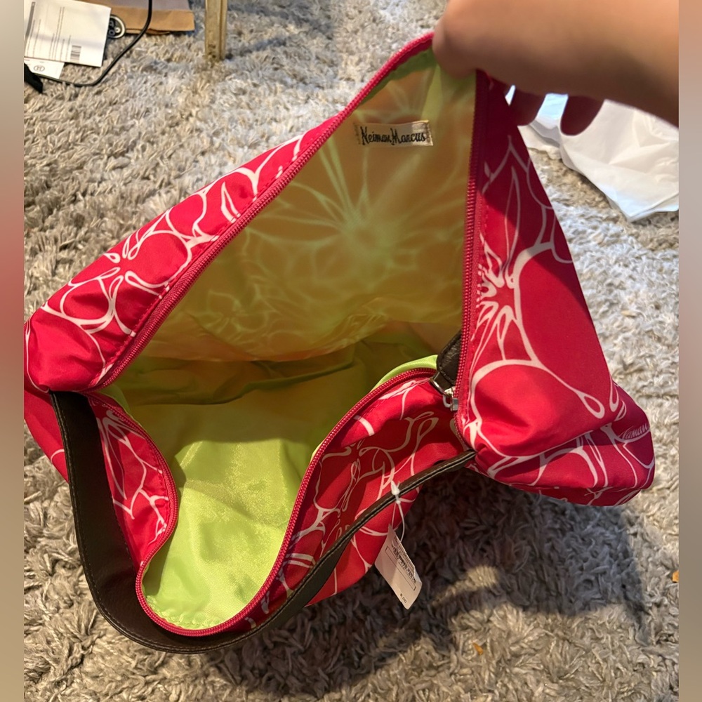 NWT! Neiman Marcus floral nylon tote with brown vegan leather strap - Picture 8 of 11